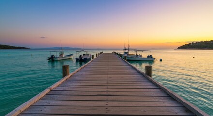 Obraz premium Wooden Pier Extending to Calm Ocean at Sunset