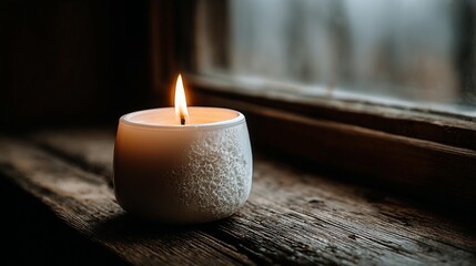 White candle on windowsill, warm light