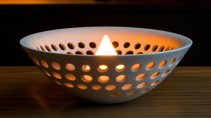 White ceramic bowl candle holder with perforated design, warm light