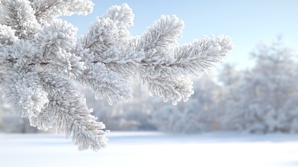 Winter Wonderland: A Snow-Covered Pine Branch in a Frosty Forest