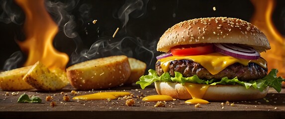 Flame grilled cheeseburger with melted cheddar and sesame bun, Hot juicy cheeseburger, Classic beef burger, burger, Freshly cooked gourmet burger