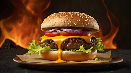 Flame grilled cheeseburger with melted cheddar and sesame bun, Hot juicy cheeseburger, Classic beef burger, burger, Freshly cooked gourmet burger