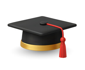 3d graduation cap or hat, isolated on white background. Graduation hat icon in 3d vector. Vector illustration