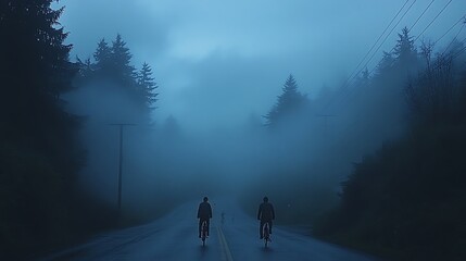 Foggy road with cyclists in the distance.
