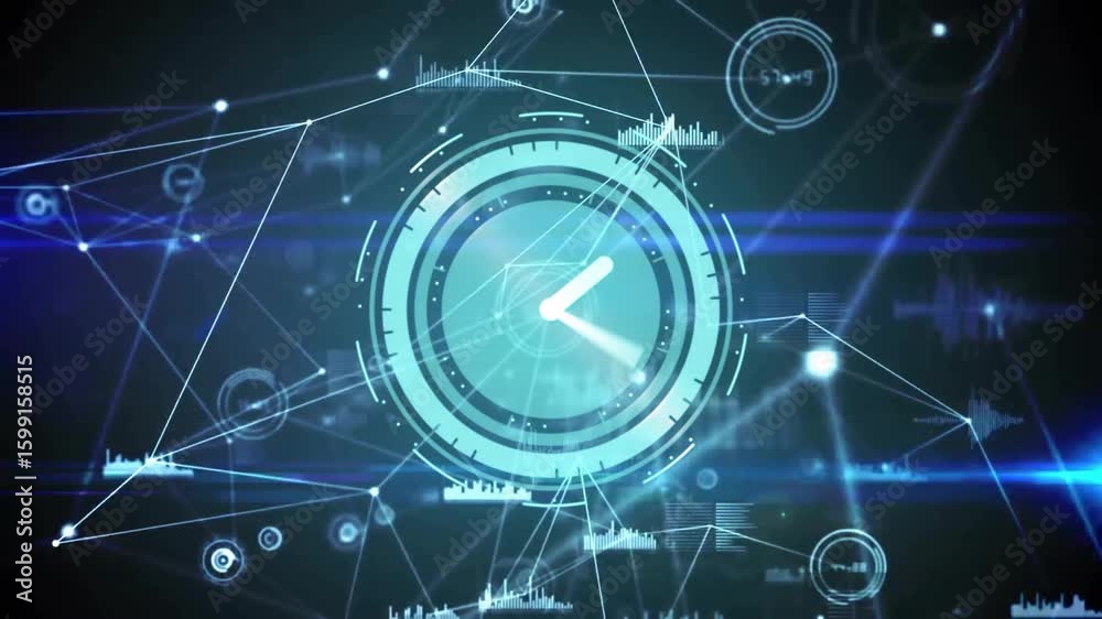 Poster glowing clock fading in and network lines linking nodes morphing into semicircle showing data flow