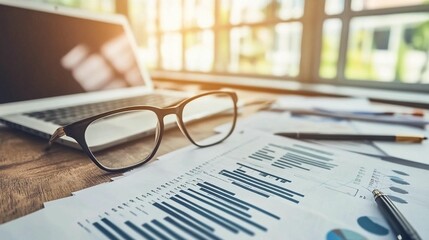 Workspace with laptop, glasses, and charts