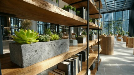 Wooden shelves with plants and books in a modern space