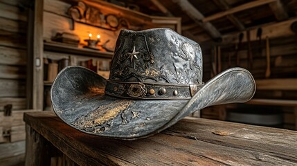 Worn cowboy hat rests on rustic wooden table in a dimly lit room
