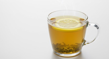 Warm inviting light illuminates a clear mug of freshly brewed tea with lemon. AI Generated