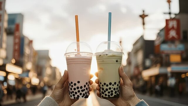 Two boba milk tea drinks held up on a sunny city street
