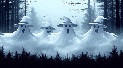 Three ghosts in witch hats, shrouded in mist, in a spooky forest.
