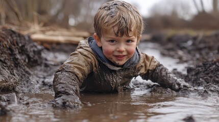 Joyful exploration: A young boy covered in mud crawls through a muddy puddle