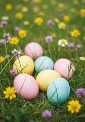 Fototapeta premium Pastel Easter Eggs Nestled in Spring Flowers