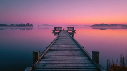 Naklejka premium Wooden dock stretching over a still pink lake at dawn. 