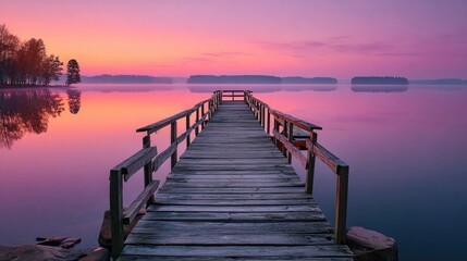 Fototapeta premium Wooden dock stretching over a still pink lake at dawn. 