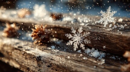 Wooden surface with snowflakes in macro detail 
