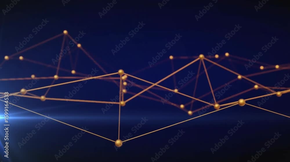 Poster bluish flare appearing at left edge activating gold nodes linking pulsing mesh showing data flow