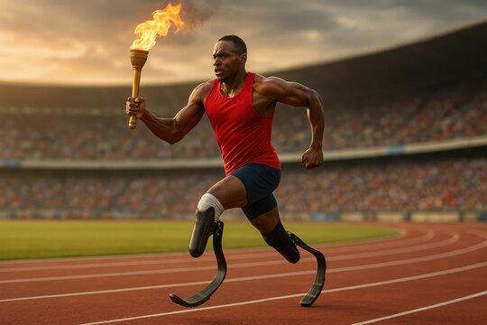 Adaptive Sports Torch Relay Runner with Prosthetic Legs Inspiring Victory Through Determination