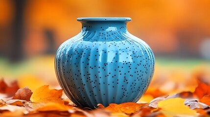 Vibrant blue vase nestled amongst autumn leaves.