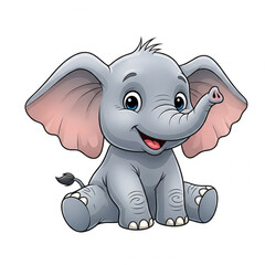Fototapeta premium Happy cartoon baby elephant with floppy ears and a tiny trunk, sitting playfully, isolated on white