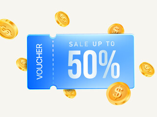 3d elegant blue voucher with golden coins, coupon code, percent off, isolated on background. 3d coupon for cash back event vector illustration. Vector illustration