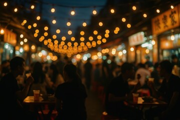 Atmospheric street food market scene with warm bokeh lighting and people socializing at outdoor dining establishments in Asian night market