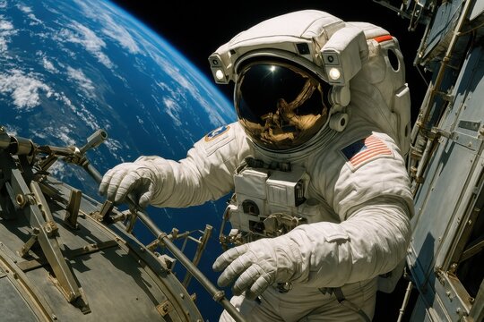 Astronaut in full EVA suit conducting maintenance operations on International Space Station with Earth backdrop