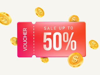 3d elegant red voucher with golden coins, coupon code, percent off, isolated on background. 3d coupon for cash back event vector illustration. Vector illustration