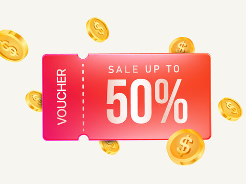 3d elegant red voucher with golden coins, coupon code, percent off, isolated on background. 3d coupon for cash back event vector illustration. Vector illustration