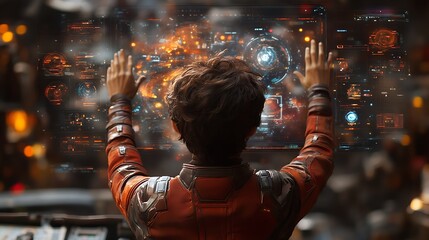 Person interacting with a futuristic holographic display.