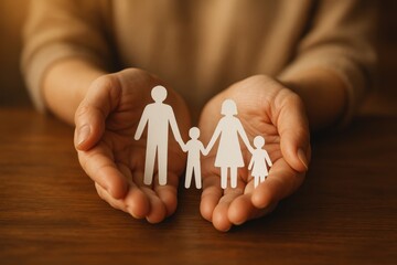 Compassionate hands protecting paper cutout family symbolizing community support and social care services