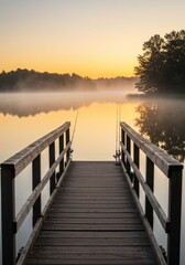 Naklejka premium Serene Sunrise Over Misty Lake With Wooden Dock
