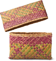 opened old woven rattan clutch or wallet isolated white background, handcrafted ancient accessory made using natural materials and traditional weaving techniques