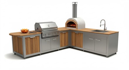 Modern outdoor kitchen gleams brightly showcasing stainless steel and warm wood cabinetry. AI Generated