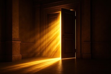 Dramatic doorway illuminated by golden sunbeams streaming through opening revealing bright hopeful future beyond darkness