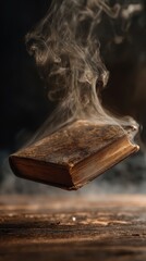 Old Floating Book Surrounded by Rising Smoke on Wooden Table in Dark Atmosphere 