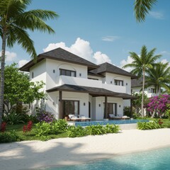 Fototapeta premium White Tropical Beachfront Villa with Private Pool