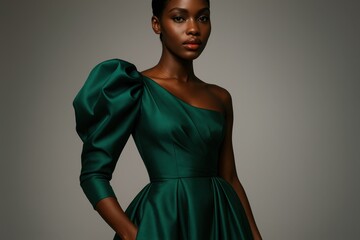 Elegant African American model showcasing emerald haute couture gown in high-fashion photography studio setting