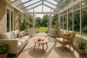 Fototapeta premium Elegant garden conservatory with floor-to-ceiling windows overlooking landscaped garden and stone patio entertaining area
