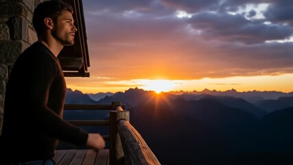 Thoughtful man enjoying mountain sunset view from rustic balcony - Powered by Adobe