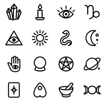 Simple Line Art Occult and Mystical Symbol with a White Background Icon Set
