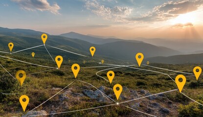 Mountain landscape, interconnected yellow markers