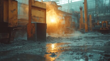 Abstract industrial scenery with rusty machinery and damp ground reflections