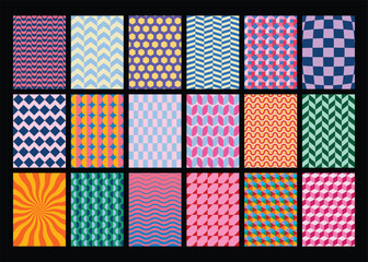 Collection of colorful repeat patterns with diverse basic shapes and playful color palettes, perfect for 5x7 aspect ratio card, poster, cover, branding design. Vector illustration. 