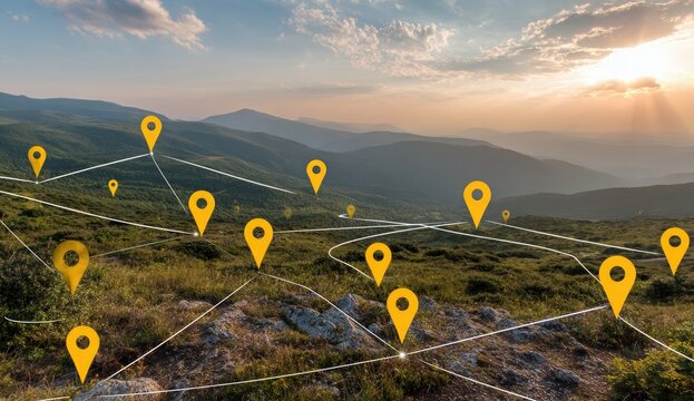 Mountain landscape, interconnected yellow markers