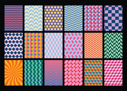 Collection of colorful repeat patterns with diverse basic shapes and playful color palettes, perfect for 5x7 aspect ratio card, poster, cover, branding design. Vector illustration. 