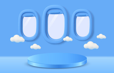 3d Airplane windows background with podium or stage for product showcase, flying clouds in vector illustration. Vector illustration