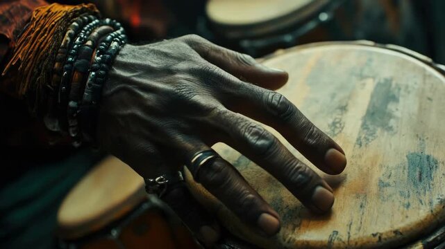 Close-up of hands playing bongo drum with rhythmic technique.