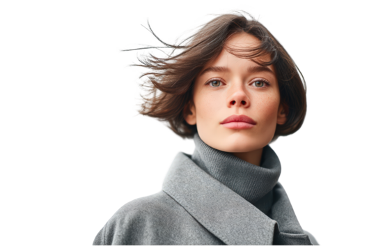 Portrait of a young woman with short brown hair blowing in the wind, wearing a grey turtleneck and coat, against a white background.