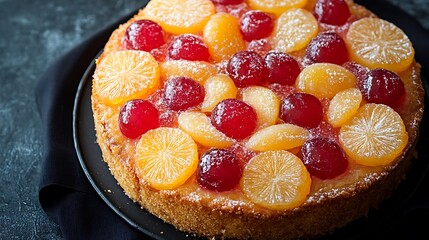 Festive fruit cake with sugared citrus slices and red fruit confit.